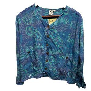 Las Manos Handwovens Women Large Cotton Button Front Rayon Green Blue New